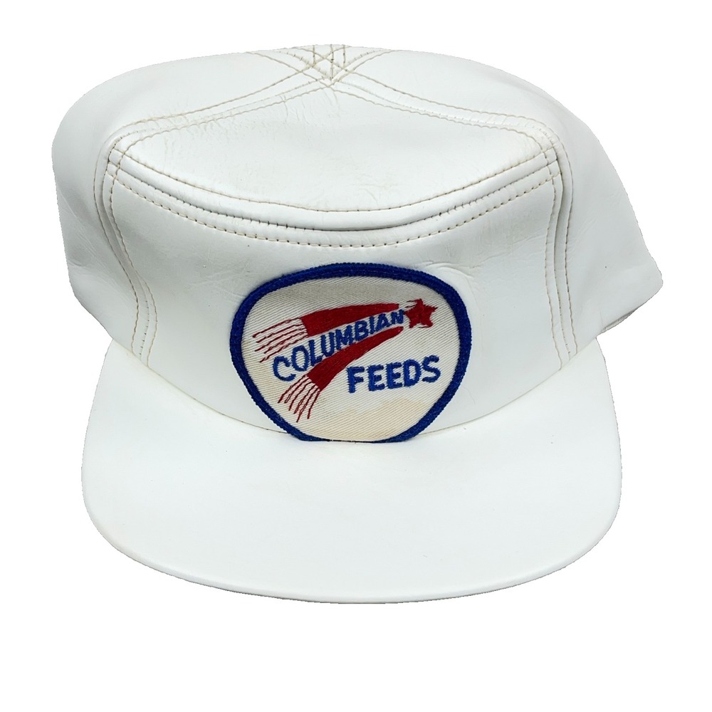 Vintage Columbia Feeds Trapper Hat Cap Trucker White Leather Patch 80s Made USA